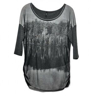 Goth Forest Scene Mesh Top – Dark Ruched Fall Layering Women’s Small